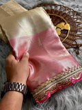 Gold Tissue Silk Saree with Rose Pink Pallu | Designer Sequin Coding Border