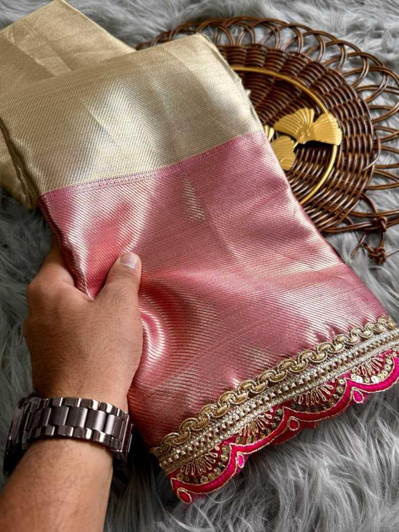 Gold Tissue Silk Saree with Rose Pink Pallu | Designer Sequin Coding Border