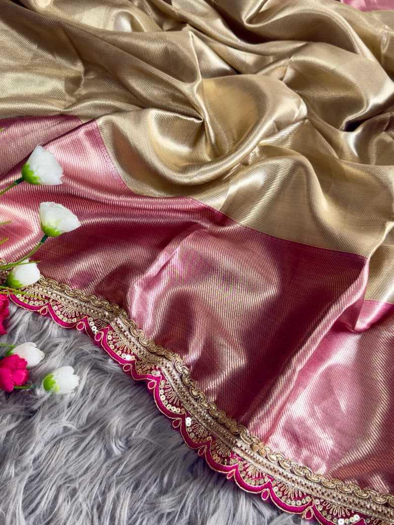 Gold Tissue Silk Saree with Rose Pink Pallu | Designer Sequin Coding Border