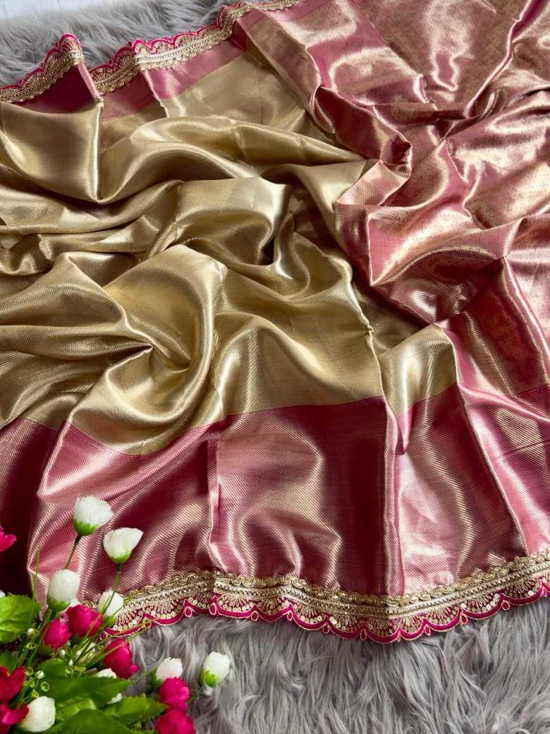 Gold Tissue Silk Saree with Rose Pink Pallu | Designer Sequin Coding Border