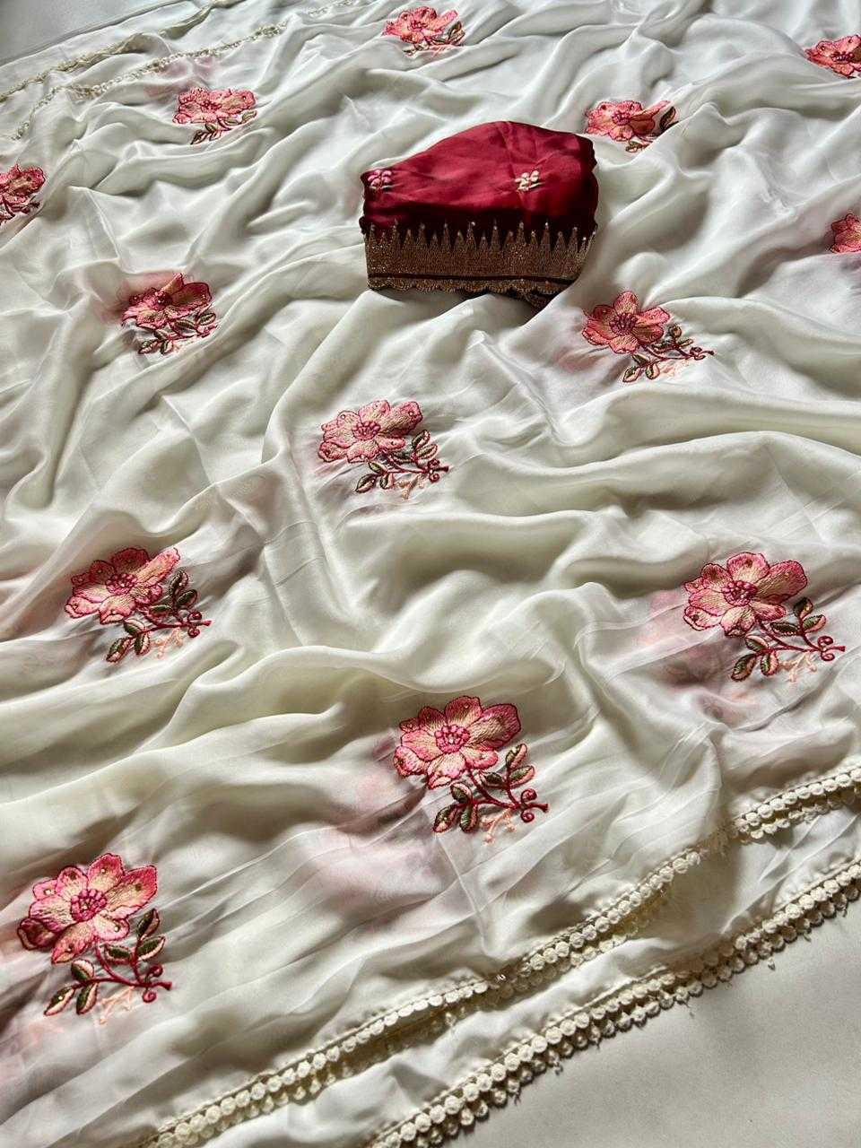 Pure White Rangoli Silk Saree | All-Over Pink Floral Embroidery with Mirror Work