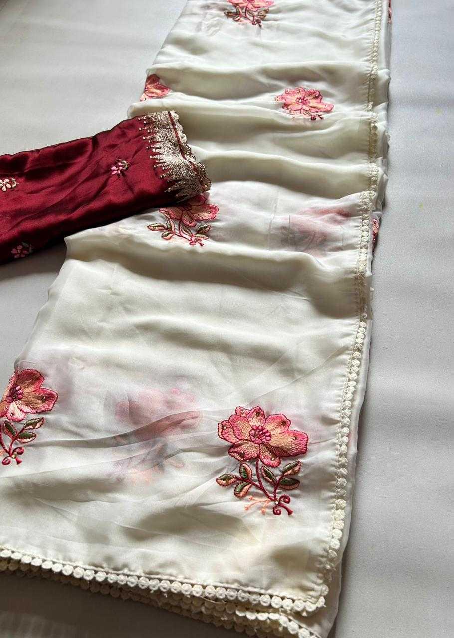 Pure White Rangoli Silk Saree | All-Over Pink Floral Embroidery with Mirror Work