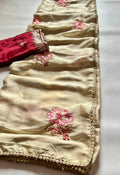 Cream Gold Rangoli Silk Saree | All-Over Pink Floral Embroidery with Mirror Work