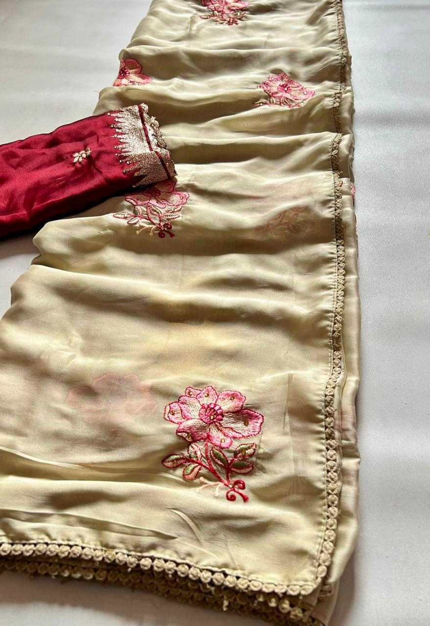 Cream Gold Rangoli Silk Saree | All-Over Pink Floral Embroidery with Mirror Work