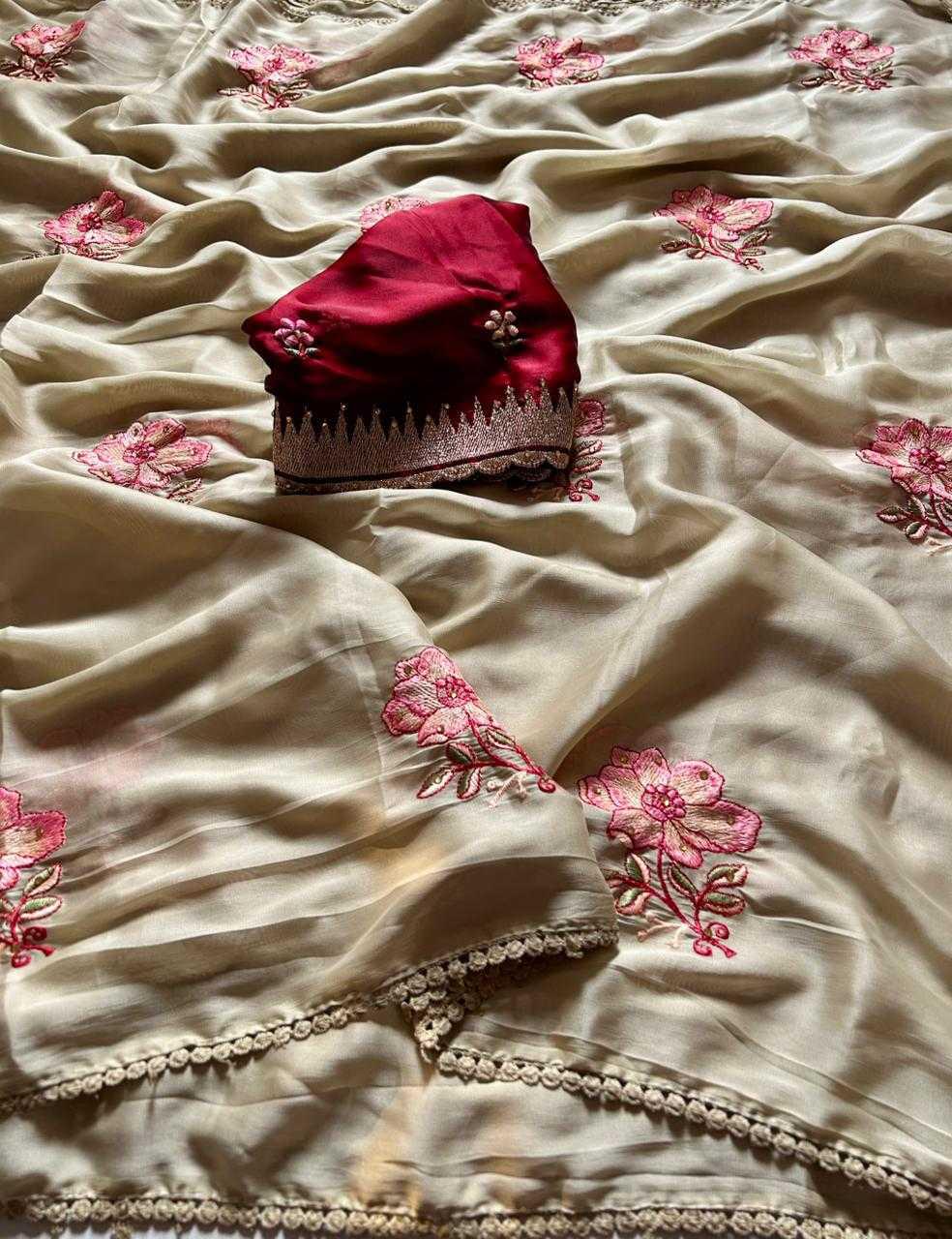 Cream Gold Rangoli Silk Saree | All-Over Pink Floral Embroidery with Mirror Work