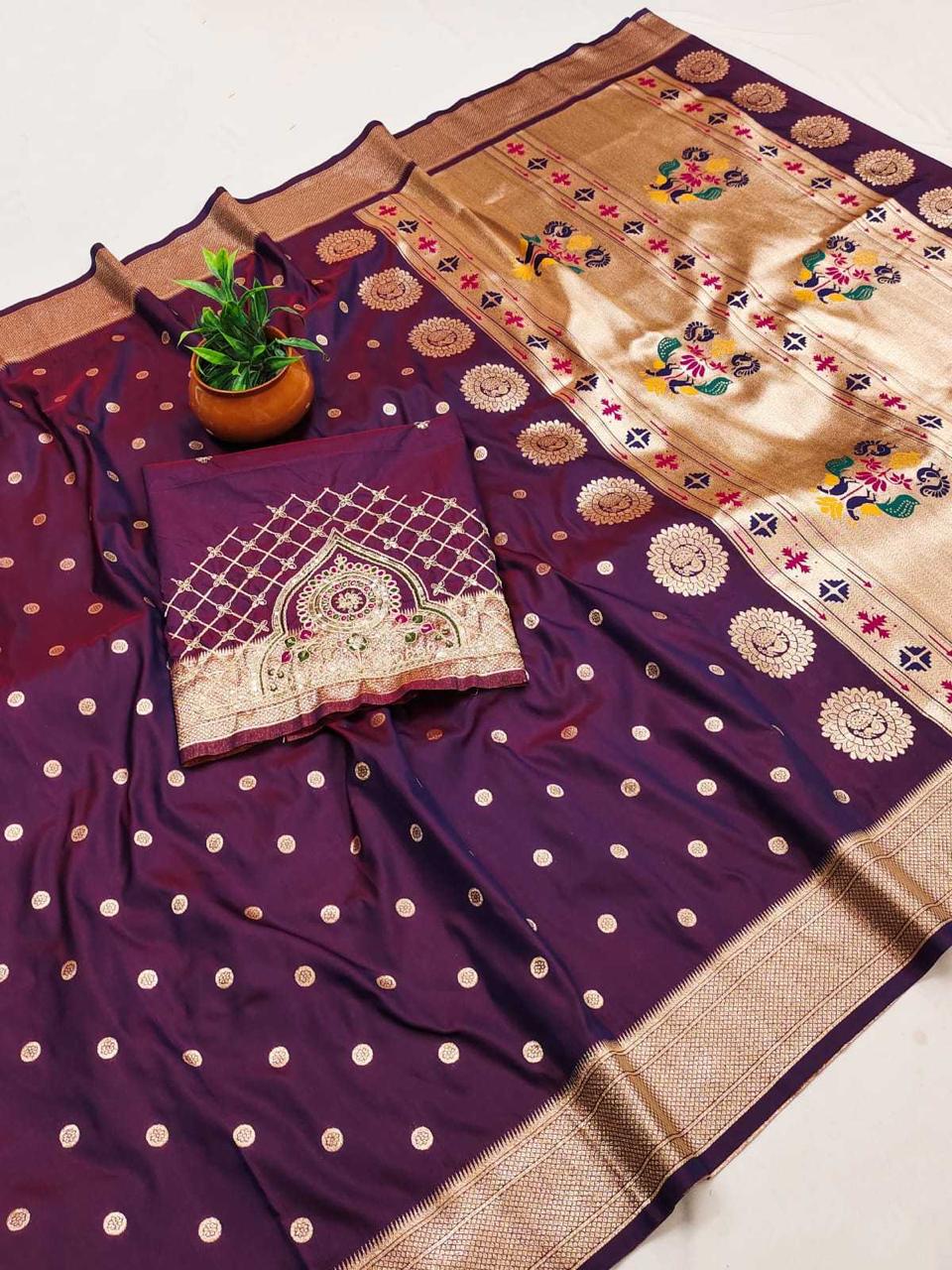 Deep Wine Purple Kalanjali Paithani Silk Saree | Peacock Pallu with Handwork Aari Blouse