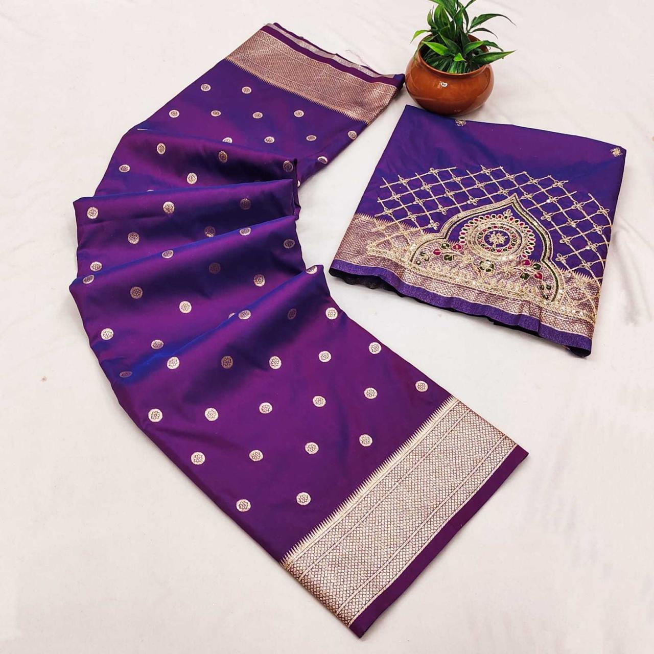 Royal Violet Kalanjali Paithani Silk Saree | Peacock Pallu with Handwork Aari Blouse