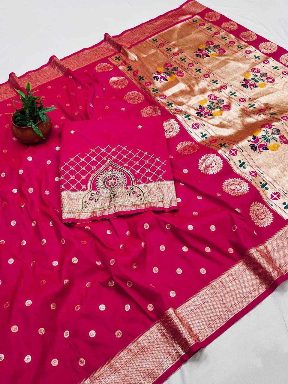 Rani Pink Kalanjali Paithani Silk Saree | Peacock Pallu with Handwork Aari Blouse