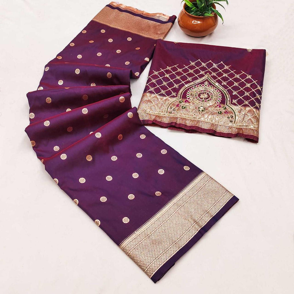 Deep Wine Purple Kalanjali Paithani Silk Saree | Peacock Pallu with Handwork Aari Blouse