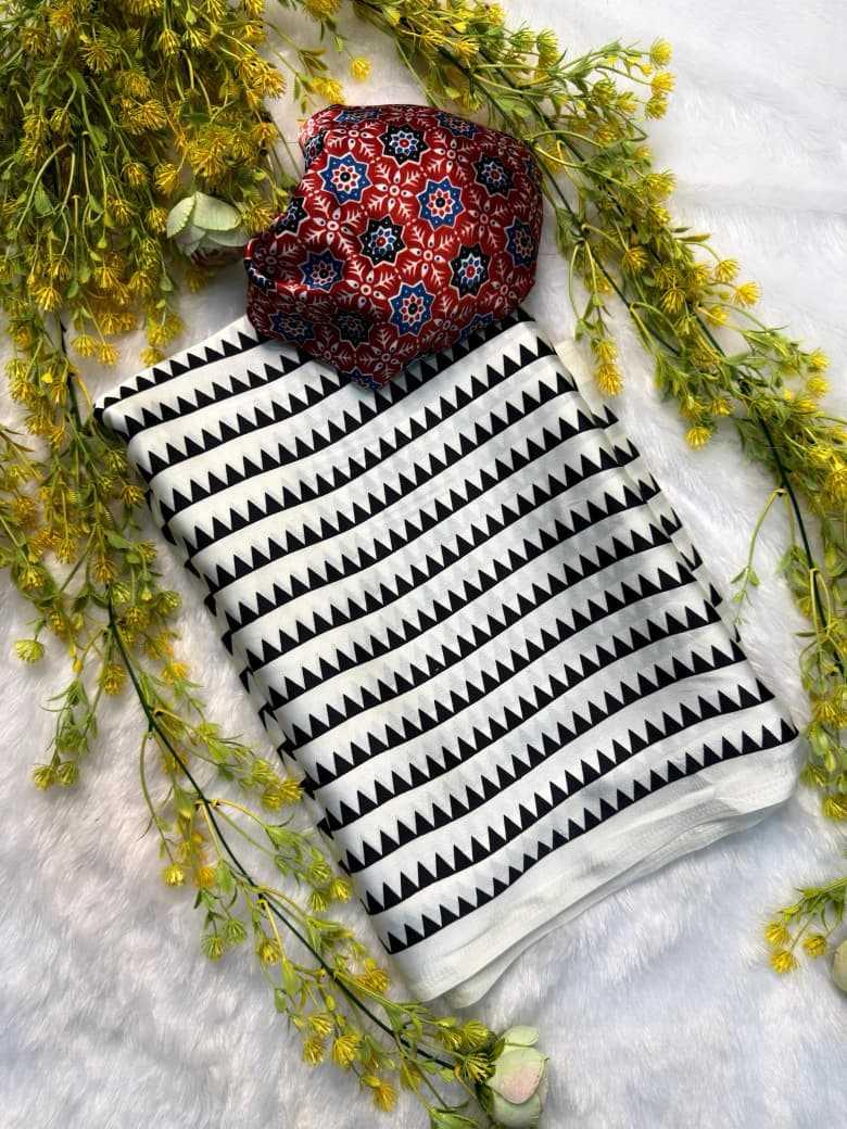 White & Black Lagdi Pure Gajji Soft Silk Saree | Geometric Zigzag Print with Kalamkari Pallu