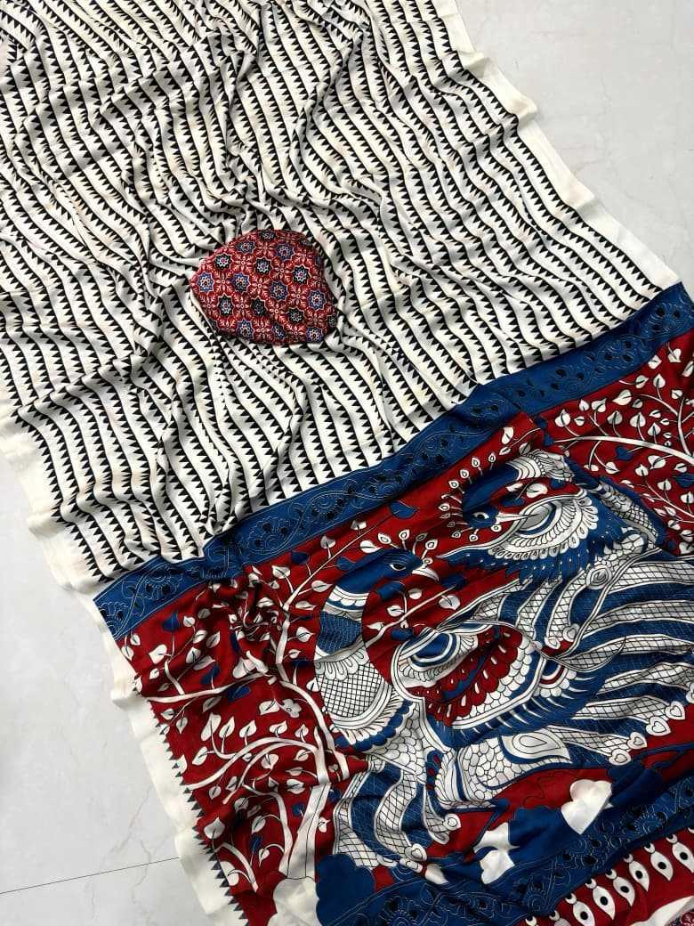 White & Black Lagdi Pure Gajji Soft Silk Saree | Geometric Zigzag Print with Kalamkari Pallu
