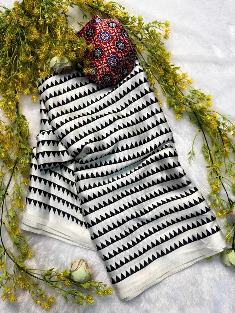 White & Black Lagdi Pure Gajji Soft Silk Saree | Geometric Zigzag Print with Kalamkari Pallu