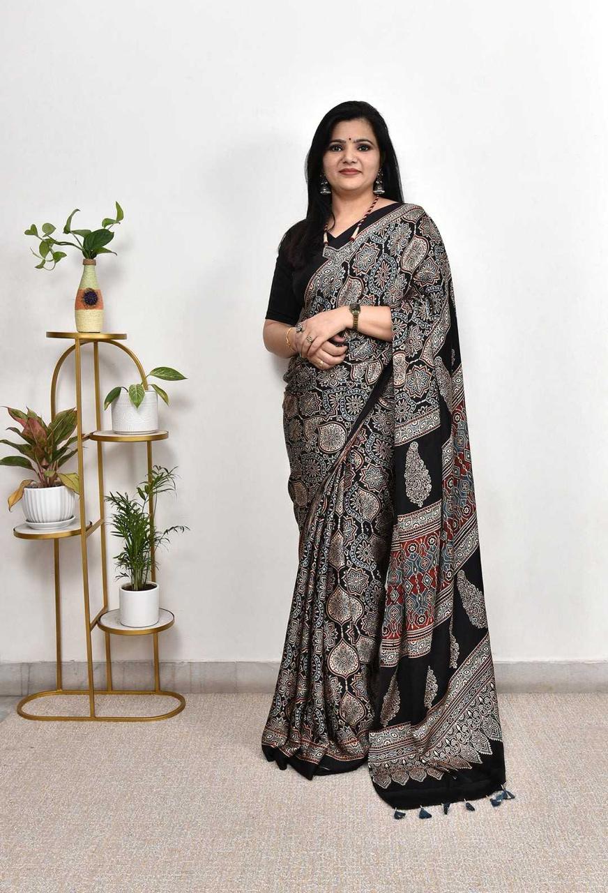 Black Munga Silk Saree | Intricate Ajrakh Medallion Print with Tassel Border