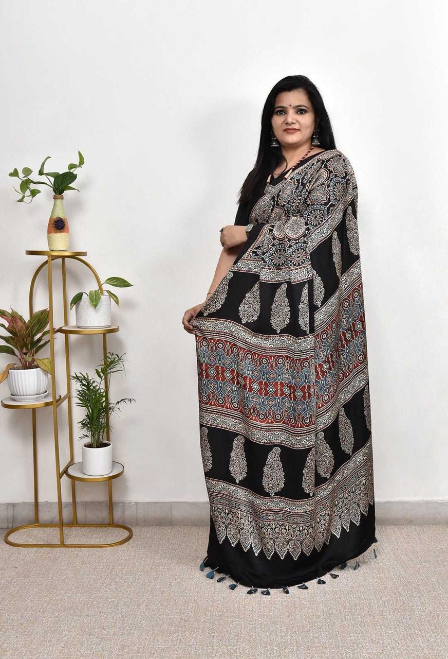 Black Munga Silk Saree | Intricate Ajrakh Medallion Print with Tassel Border