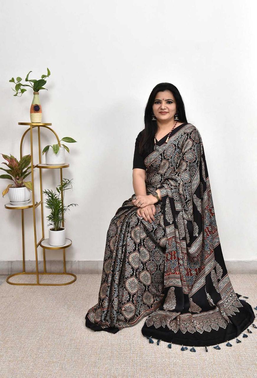 Black Munga Silk Saree | Intricate Ajrakh Medallion Print with Tassel Border