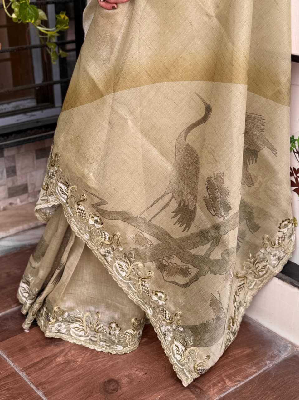 Sage Olive Glass Organza Saree | 3D Crane Digital Print with Thread Embroidery Cutwork Border