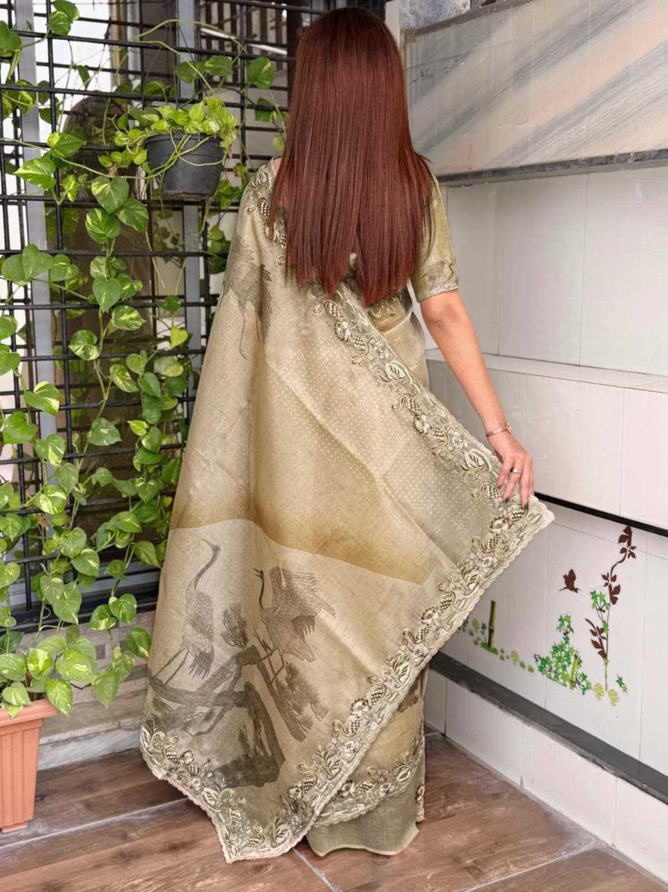 Sage Olive Glass Organza Saree | 3D Crane Digital Print with Thread Embroidery Cutwork Border