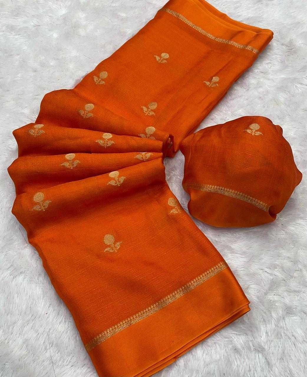Burnt Orange Viscose Khadi Silk Saree | Jacquard Leaf Design with Satin Border