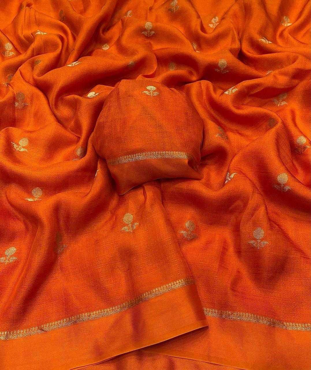 Burnt Orange Viscose Khadi Silk Saree | Jacquard Leaf Design with Satin Border