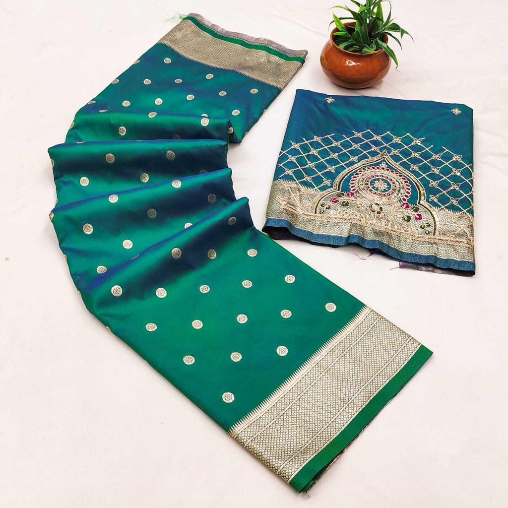 Teal Blue-Green Kalanjali Paithani Silk Saree - Full View