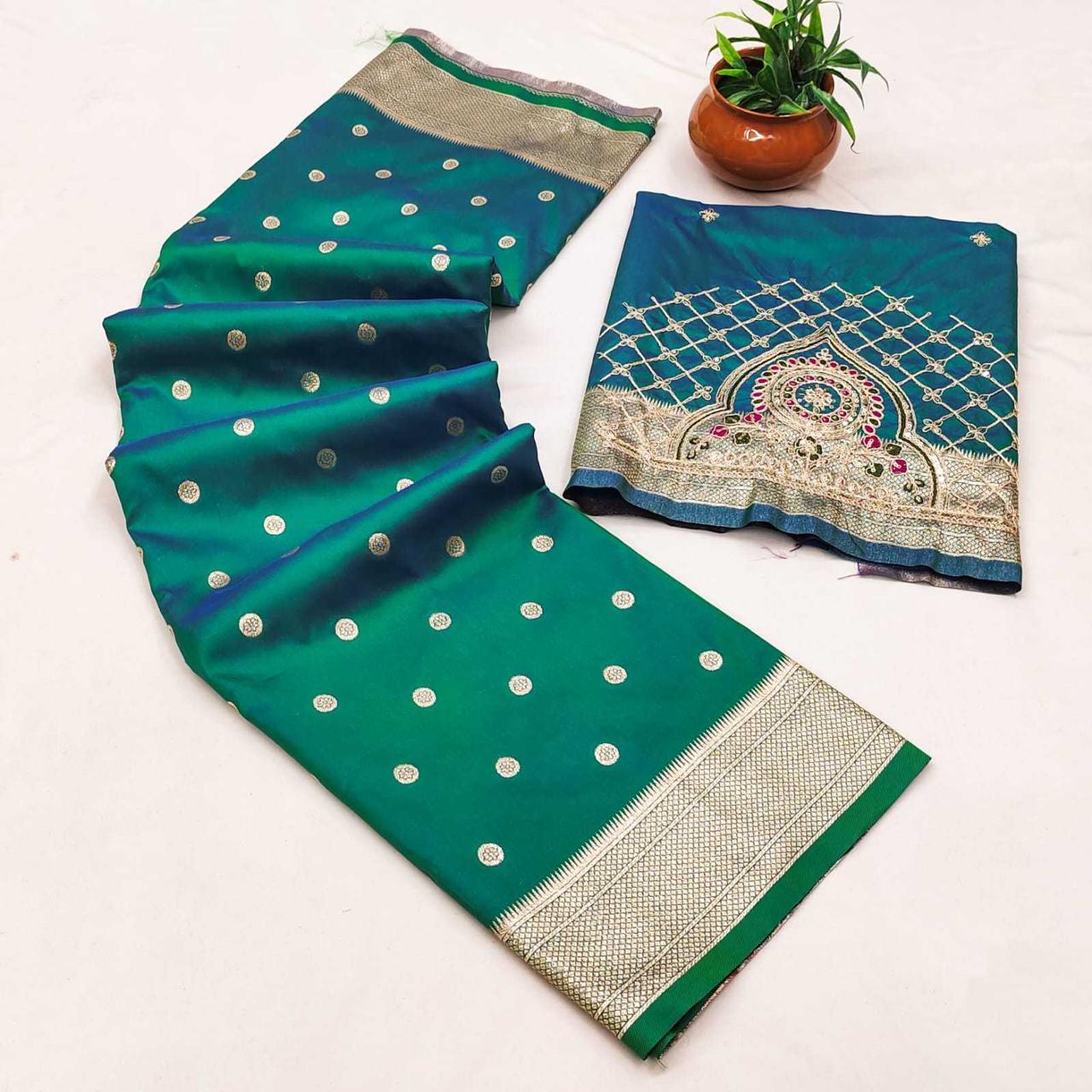 Teal Blue-Green Kalanjali Paithani Silk Saree - Full View