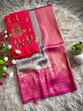 Silver Grey Banarasi Tissue Silk Saree - Full View