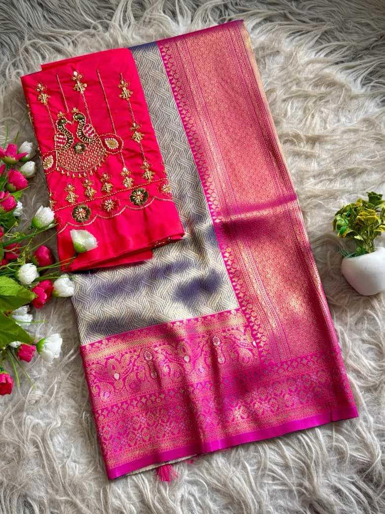 Silver Grey Banarasi Tissue Silk Saree - Full View