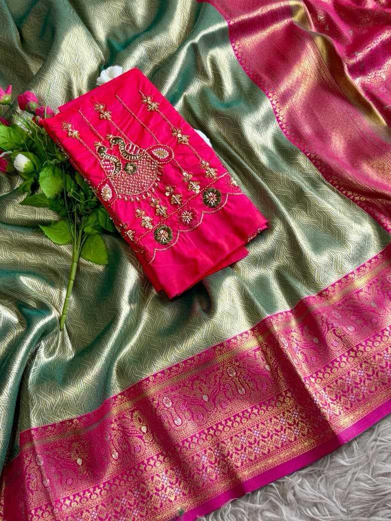 Sage Green Banarasi Tissue Silk Saree - Pallu View