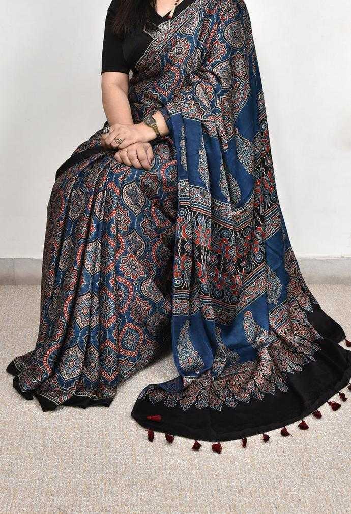 Red Munga Silk Ajrakh Print Saree - Side View