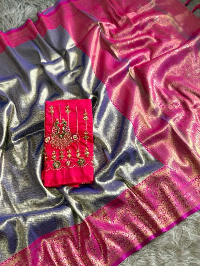 Lime Green Banarasi Tissue Silk Saree with Rani Pink Pallu - Varahi Elegance