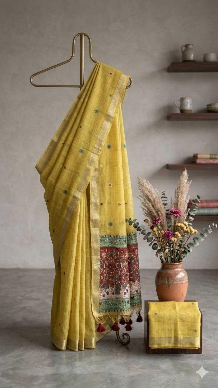 Lime Yellow-Green Jamdani Soft Silk Saree - Varahi Elegance