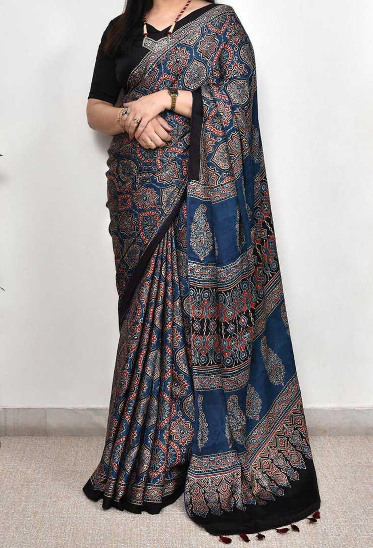 Black Munga Silk Ajrakh Print Saree - Side View