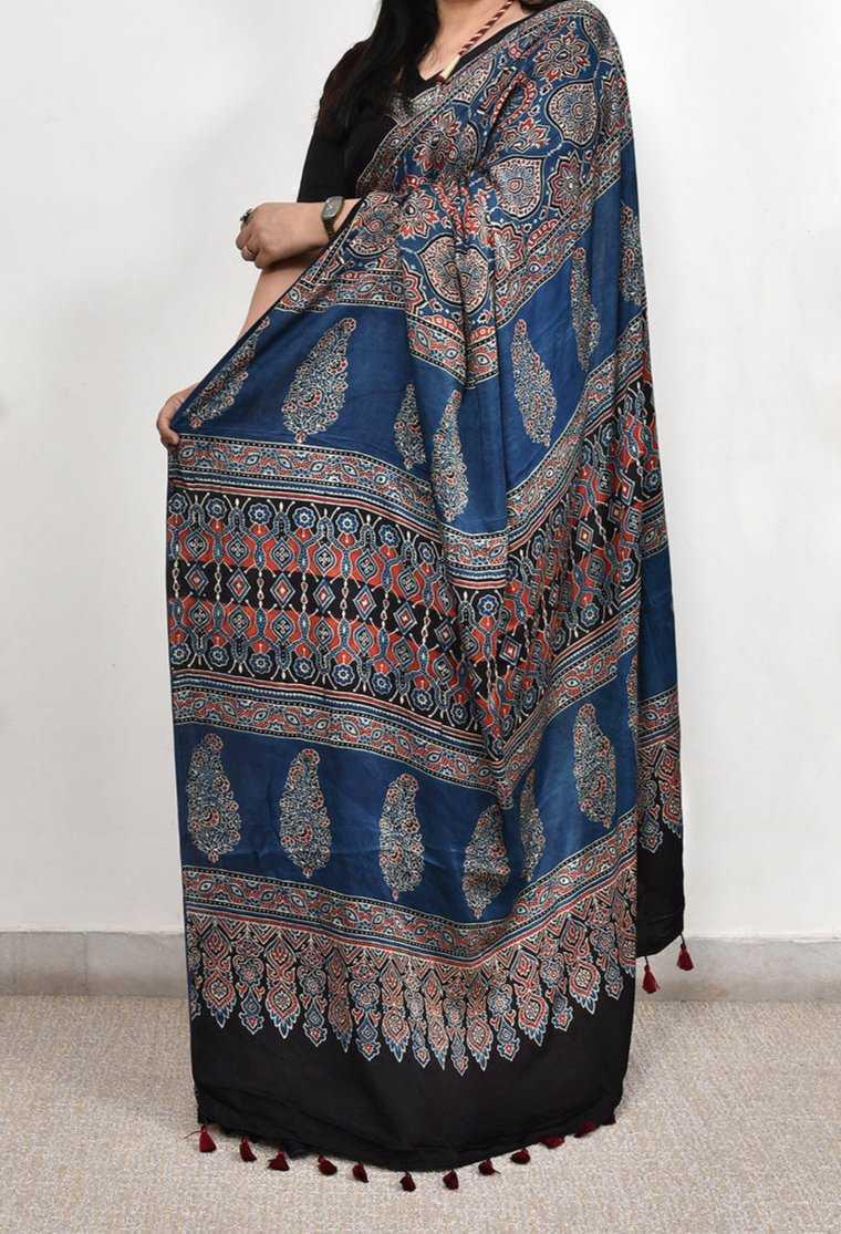 Black Munga Silk Ajrakh Print Saree - Seated