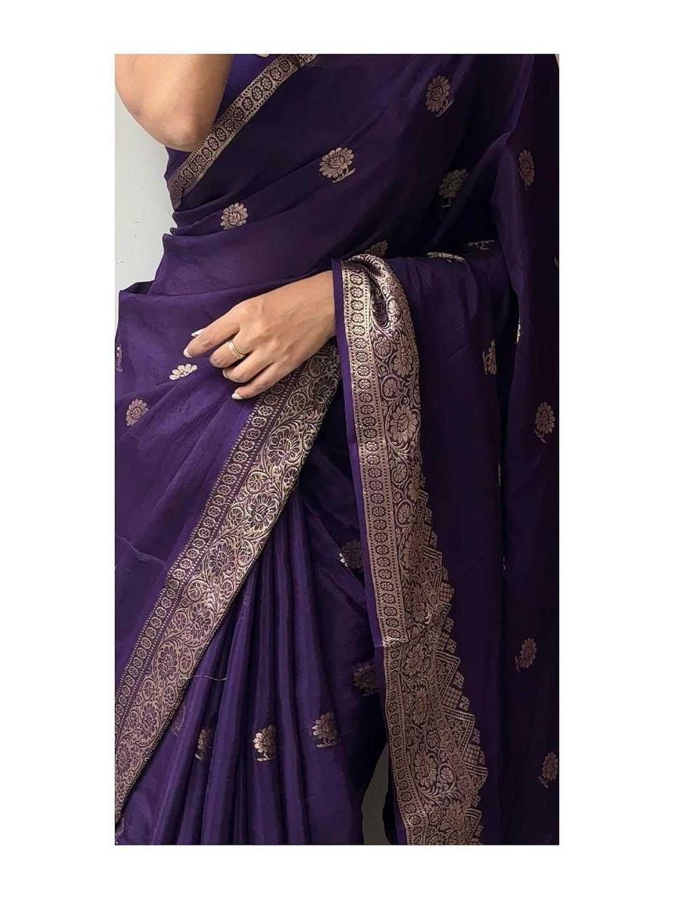 Deep Purple Pure Viscose Crepe Silk Saree Close Up - Varahi Elegance