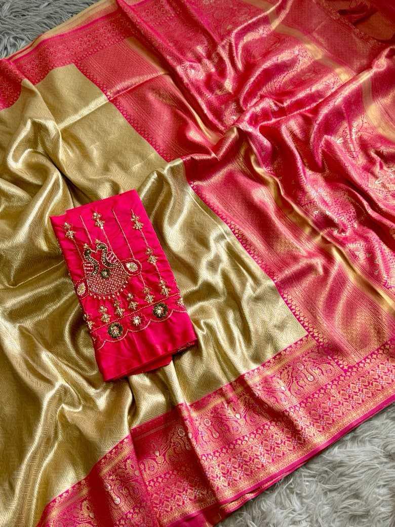 Golden Champagne Banarasi Tissue Silk Saree with Rani Pink Border - Varahi Elegance