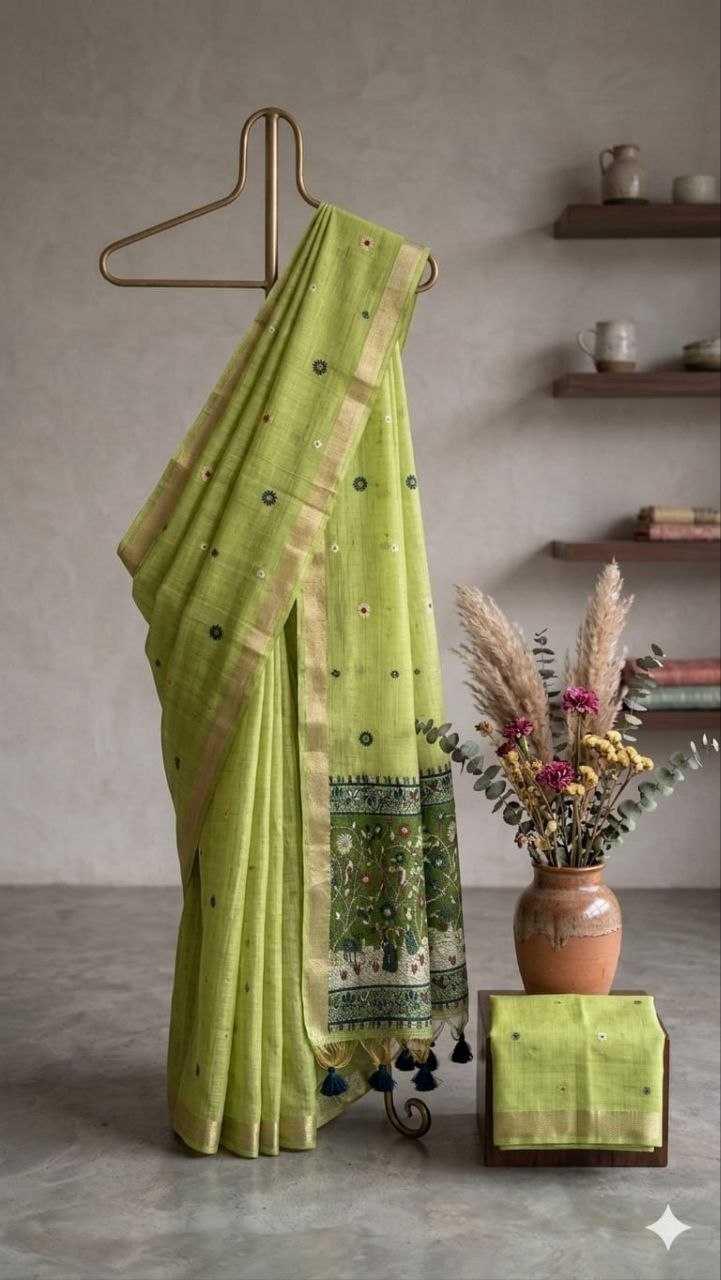Mint Seafoam Green Jamdani Soft Silk Saree - Varahi Elegance