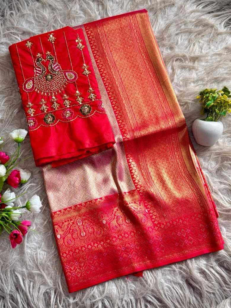 Silver Grey Banarasi Tissue Silk Saree - Aari Blouse Detail