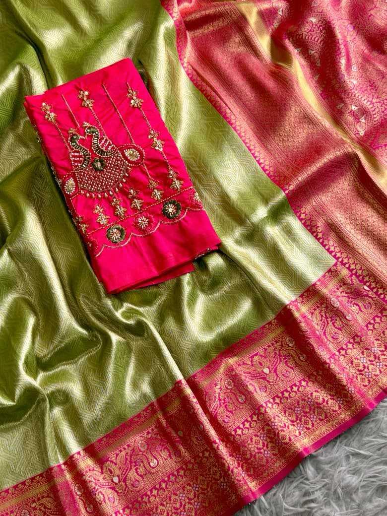 Sage Green Banarasi Tissue Silk Saree with Rani Pink Border - Varahi Elegance